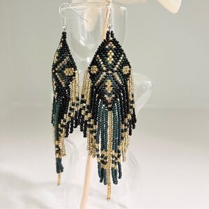 Dark Green Beaded Fringe Earrings